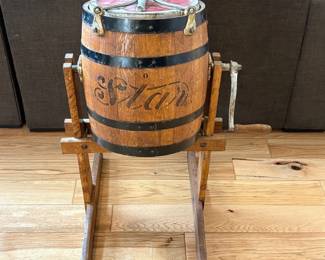 an Antique Wooden Barrel Butter Churn with Crank Handle and Stand
