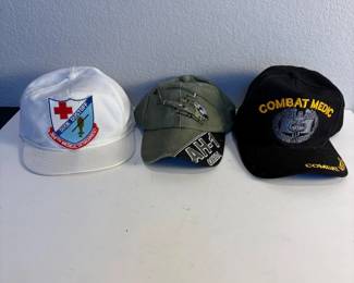 h Three Adjustable Military Combat and Medical Hats Featuring Embroidered Graphics