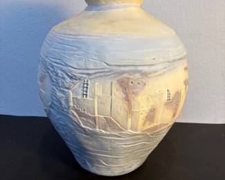 na American Southwestern Textured Pottery Planter with Incised Pueblo Adobe House Design