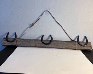 d Rustic Horseshoe Hat Rack with Weathered Wood and Iron Horseshoes