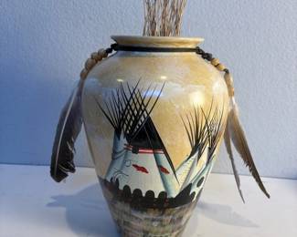 na HandPainted Native American Teepee Ceramic Vase with Decorative Feathers and Beads