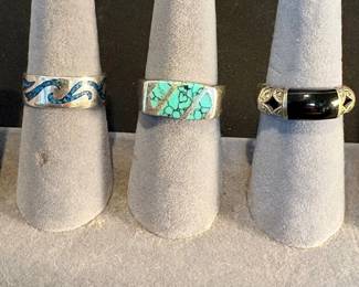 j Sterling Silver Three Ring Set with Turquoise, Blue Opal, and Black Onyx Inlays