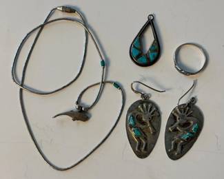 j Silver Native American Inspired Jewelry Set with Blue Stone Inlays and Kokopelli Design