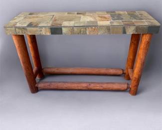 f Rustic Slate Tile Top Console Table w Log Wood Base  Lodge Southwest Style