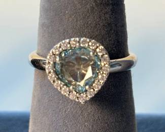 j Sterling Silver PearShaped Ring with Gray Blue Gemstone and Halo of Stones