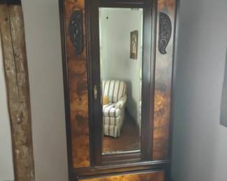 013 – 19th C. French Burr Walnut & Mahogany Armoire w/ Beveled Mirror – 38 x 18 x 81