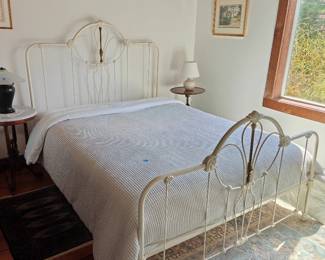 017 – Queen Vintage White Enameled Iron Bed w/ Brass Accents