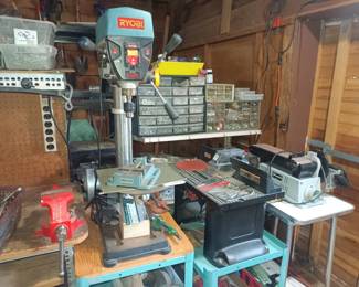 Drill press, tables saw and sander
