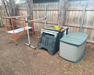 Storage and sawhorses and scaffold