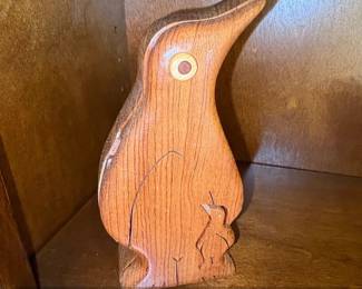 Vintage Teak Wood Penguin Figurine with Chick  Scandinavian Danish MCM