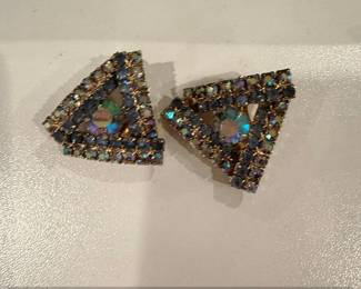 Blue Aurora Borealis Rhinestone Triangle ClipOn Earrings
