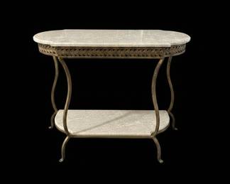 Ornate Metal Frame Console Table with Marble Top and Lower Shelf