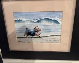 Watercolor Painting of a Yorkshire Terrier Running on a Beach