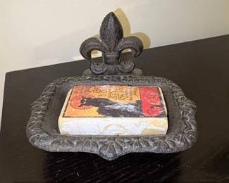 Cast Iron Fleurdelis Soap Dish with Chat Noir Vintage Poster Graphic