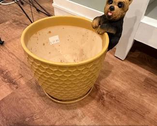 Yellow Honeycomb Ceramic Planter with Terrier Dog Figurine Accent