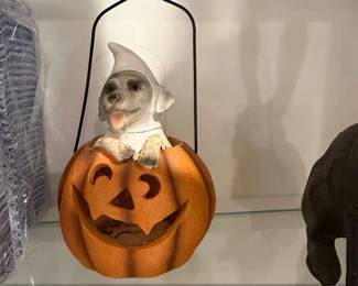 Dog in Ghost Costume in Pumpkin Halloween Figurine