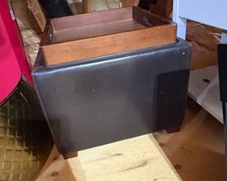 Leather Storage Ottoman with Wooden Tray