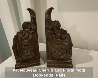 Art Nouveau Cherub and Floral Motif Bookends Pair