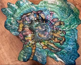 Art Glass Bowl with Iridescent Swirls and Raised Embellishments