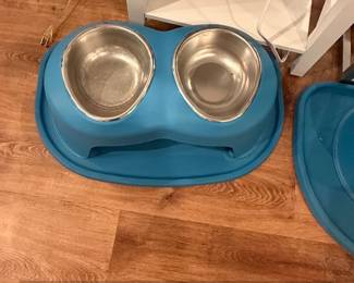 Blue Plastic Elevated Pet Feeder with Stainless Steel Bowls
