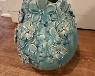 Turquoise Ceramic Vase with D Floral Appliqus