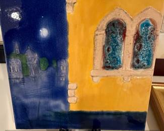 HandPainted Ceramic Art Tile Depicting Night Scene and Arched Windows