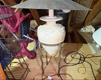 Vintage Ceramic Urn Table Lamp with Metal Base  Cream Textured