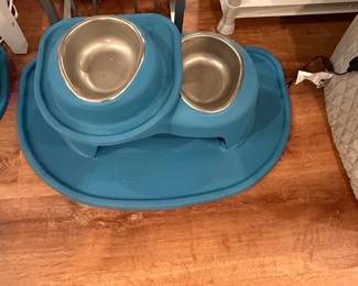 Blue Elevated Double Pet Bowl with Mat