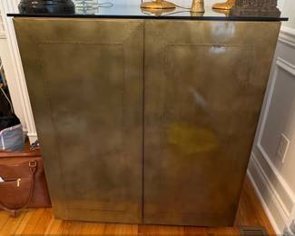 Brass Finish Bar Cabinet with Glass Top and Rivets