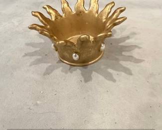 Gold Tone Crown Trinket Dish with Faux Pearls
