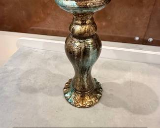 Distressed Metallic Finish Pedestal Candle Holder