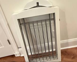 White Wooden Pet Gate with Metal Grate and Decorative Top