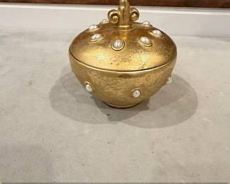Gold Tone Decorative Box with Faux Pearls and Fleurdelis Finial