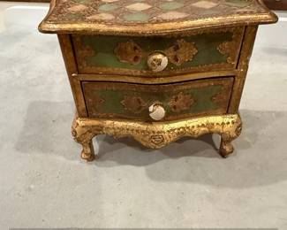 Vintage Florentine Giltwood Jewelry Box with Green Damask