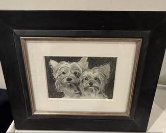 Framed Charcoal Drawing of Two Yorkshire Terriers