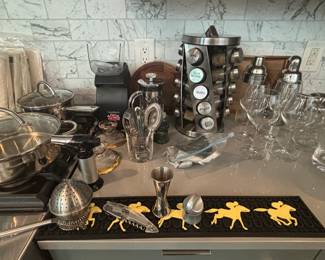 Spice rack, barware, Wolfgang Puck pots and pans