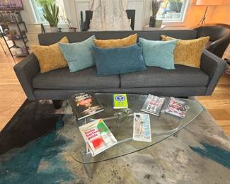 Sofa, glass coffee table, rug, cocktail books, decorative pillows