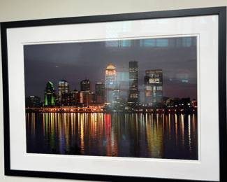 Framed art print, Louisville KY skyline at night, Ohio River reflection