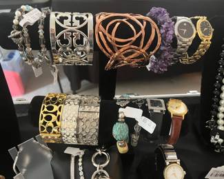 Bracelets, Watches, Chanel Faux Pearl Necklace, Sterling & 22k John Hardy Hoops, 14k White Hoops