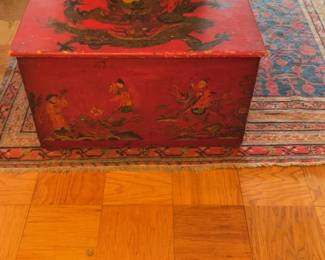 Vintage Hand-Painted Tibetan Red Lacquer Dragon Chest 29 x 15 x 16