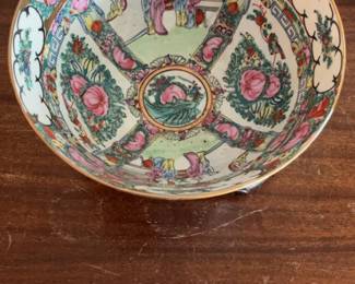 Vintage Rose Medallion Porcelain Punch Bowl with Wooden Stand
