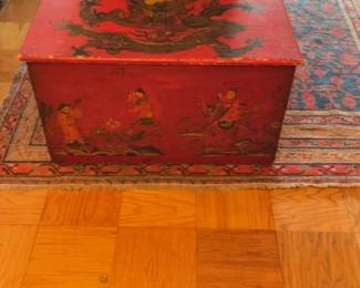 Vintage Hand-Painted Tibetan Red Lacquer Dragon Chest 29 x 15 x 16