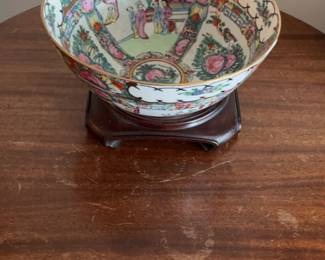 Vintage Rose Medallion Porcelain Punch Bowl with Wooden Stand