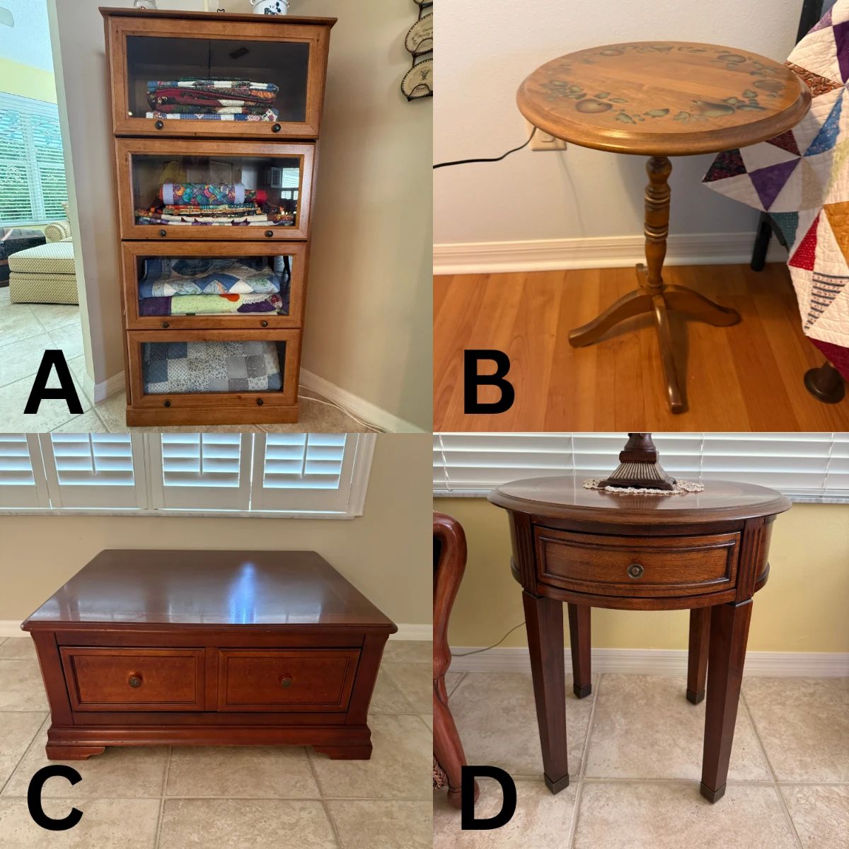 A. 4-Door Oak Quilt Display Cabinet B. Fruit-Painted Candle Stand C. Square Storage Coffee Table D. Round Mahogany Accent Table 