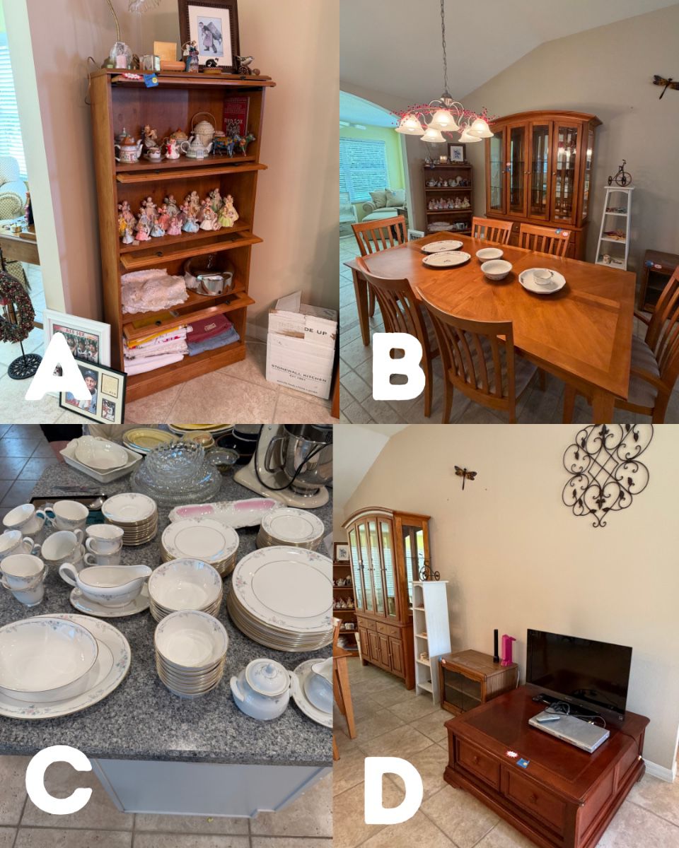 A. Quilt Cabinet & Josef Angels, B. China Hutch & Dining Table, C. China Dishes, D. Coffee Table &b TV