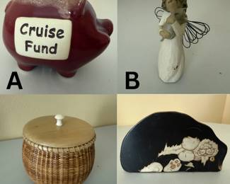 Cruise Fund, Willow Tree Angel, Woven Basket & Cat Door Stop