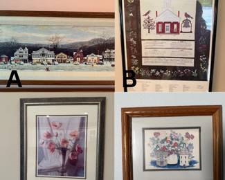 A. Norman Rockwell (1894–1978)- Stockbridge Main Street at Christmas B. Williston-  Vermont Historical Sampler Print. C. Sally Wetherby- Painted Poppies D. Helen Paul- Garden Treasures' Water Color Print