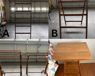 A. 6-Rung Wooden Quilt Ladder B. Folding Afghan Rack w/ Shelf C. Shaker Style Quilt Rack D. Colonial Revival Oak Gateleg Drop-Leaf Table