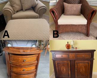 A. Chair-and-a-Half & Ottoman B. Wicker Tub Chair C. Demilune 3-drawer Chest D. Sunburst Sideboard