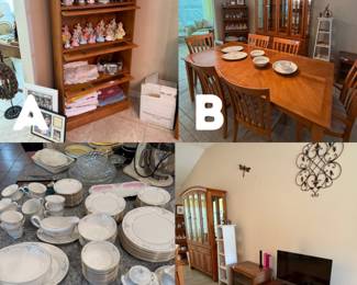 A. Quilt Cabinet & Josef Angels, B. China Hutch & Dining Table, C. China Dishes, D. Coffee Table &b TV